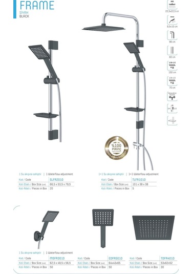 İsaoğlu Yapı Krom Siyah Tepe Yağmurlama Sistemi Duş Seti Siyah Krom Çift Renk Siyah