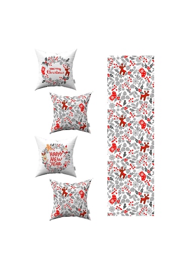 Kırmızı Gri Yılbaşı Temalı 4'lü Kırlent Kılıfı 1 Runner Seti 4kmbs174-rs