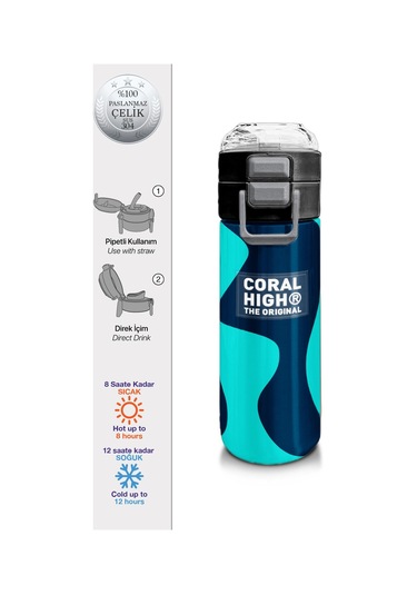 Coral High Kids Lacivert Turkuaz Desenli Pipetli Ve Direkt İçim Çelik Termos 500 Ml 31886 Turkuaz