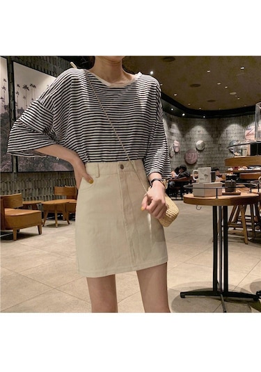 Kadın Etek Popüler Kot Etek Yüksek Bel Kore Kadınlar Için Diz Boyu Kısa Kot Etekler Kayısı