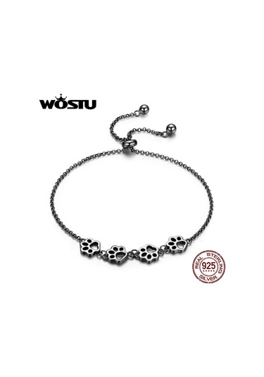 Wostu Sıcak Moda 925 Ayar Gümüş Paw Trail Köpek Hayvan Zinciri Ve Bağlantı Bilezikler Kadınlar Için Siyah