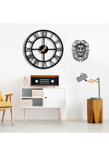 50X50 Dekoratif Duvar Saati + Tablo 40X40 Cm Hediye Siyah