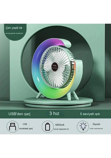 Masaüstü Vantilatör Usb Şarjlı Rgb Led Işıklı 3 Kademeli 180 Ayarlanabilir Soğutucu Fan Pembe