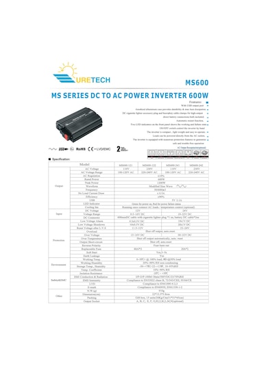 Uretech 600 Watt Sinüs İnverter 12Vdc-220Vac 600 W