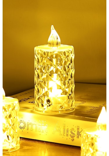 3 Lü Elmas Kristal Desenli Led Mum Seti Pilli Dumansız Alevli Dekoratif Yapay Mum Sarı