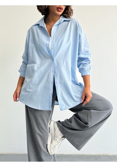 Kadın Oversize Uzun Basic Gömlek Mavi