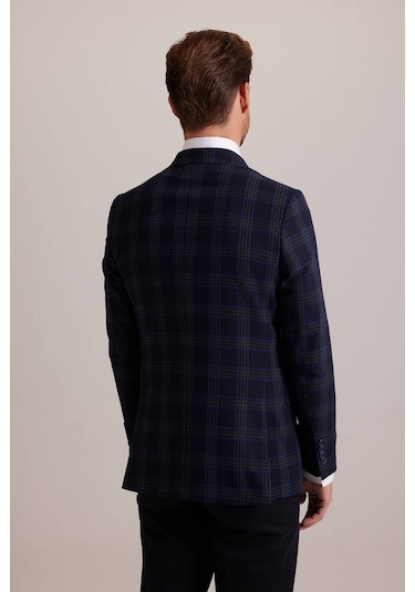 Erkek Lacivert Yeşil Kışlık Yünlü Regular Fit Ekose Desenli Ceket 001