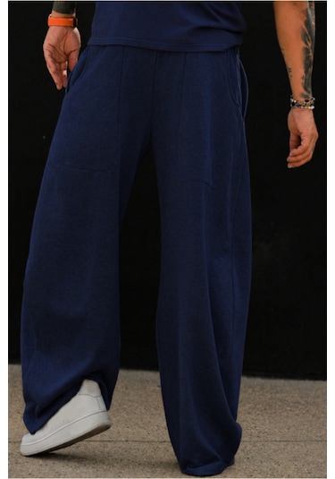 Tarz Cool Erkek Oversize Eşofman Altı Bağcıklı Rahat Kalıp Günlük Basic Jogger Pantolon Lacivert