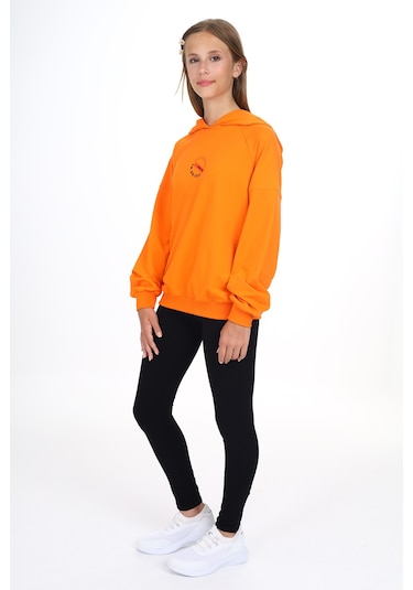 Toontoy Kız Çocuk Kapüşonlu Önü Yazı Baskılı Taytlı Takım Turuncu