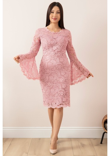 Kalopya Kol Volanlı Kısa Dantel Abiye Elbise 13034-