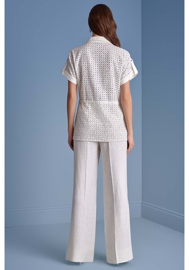 Gömlek Yaka Ekru Keten Gömlek Ekru