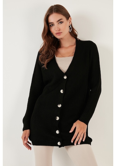 Lela Regular Fit V Yaka Düğmeli Triko Örme Uzun Bayan Hırka 4615044 Siyah