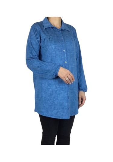 Mevsimlik Kolları Lastikli Boydan Düğmeli Gömlek Mavi