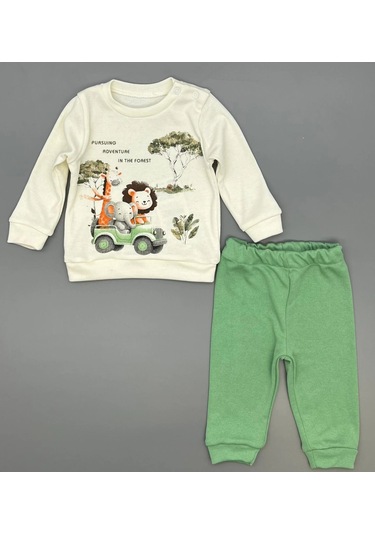 Erkek Bebek Orman Hayvanları Baskılı Alt Üst İkili Gündelik Takım Yeşil