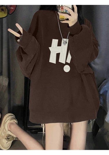 Harfli Grafik Düşük Sweat-trzksw3222 Kahverengi
