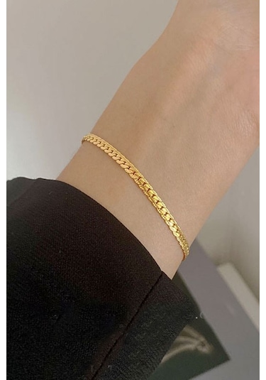Ezme Hasır Yassı Yılan Sarı Erkek Çelik Bileklik Künye Scb19 Altın
