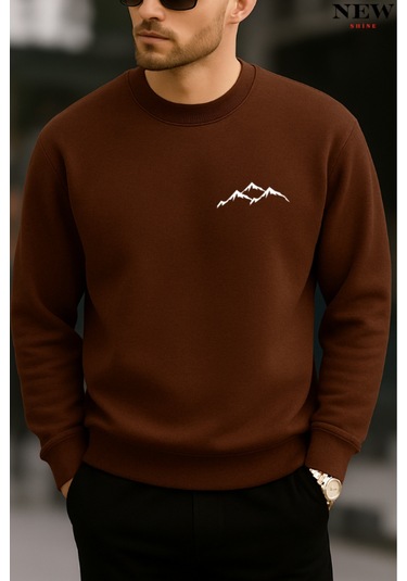 Dağ Baskılı Bisiklet Yaka Sweatshirt Kahverengi