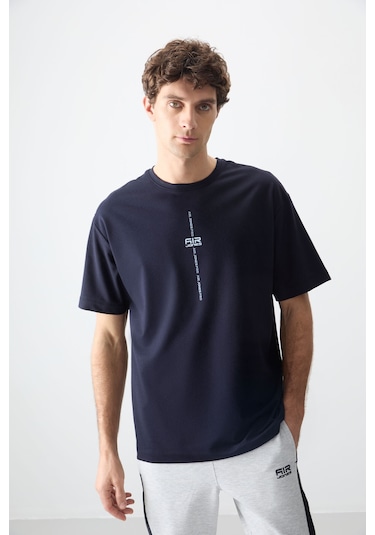 Tommy Life Lacivert Pamuklu Kalın Yumuşak Dokulu Oversize Fit Baskılı Erkek T-shirt - 88373 Lacivert