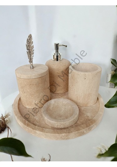 Sarı Traverten Klasik Model 5 Parça Gümüş Renk Kuş Tüyü Aksesuarlı Banyo Seti Sarı Traverten