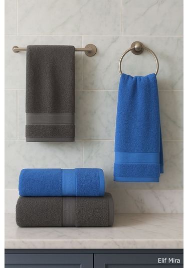 4 Lü Banyo Havlusu Seti %100 Pamuklu 70x140 Cm Pleasure Antrasit-Mavi