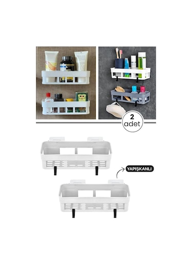 2 Adet Yapışkanlı Plastik Raf, Delme Vida Gerektirmeyen Banyo Duş Şampuan Mutfak Baharat Rafı Beyaz Beyaz