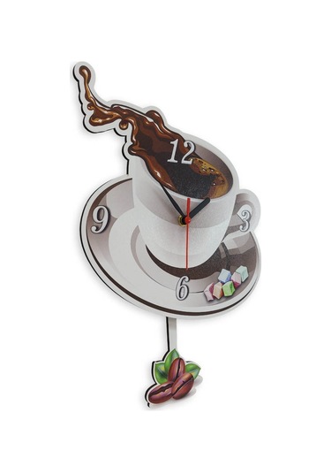 CajuArt Kahve Fincan Resimli Sallanan Sarkaçlı Mutfak Duvar Saati Beyaz