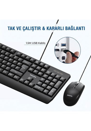 Philips SPT6237 Kablolu Türkçe Q Klavye ve Mouse Seti Siyah