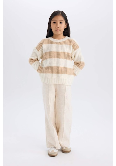 DeFacto Kız Çocuk Çizgili Bisiklet Yaka Triko Kazak A6009A824WNBG387 Bej