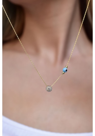 925 Ayar Gümüş Gold Kaplama Gözlü Dorika Toplu Tek Taş Kolye