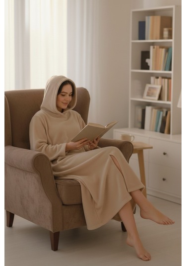 Serona Wellsoft Peluş Kapüşonlu Uzun Panço Yumuşak Dokulu Giyilebilir Tv Battaniyesi Bej S/m Bej