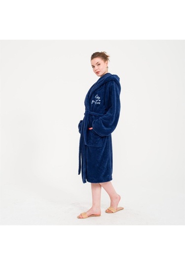 Uzun Welsoft Kapüşonlu Kadın Sabahlık Lacivert