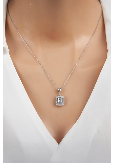 Full Zirkon Taşlı Rodyumlu Gümüş Bayan Kolye - 50 CM