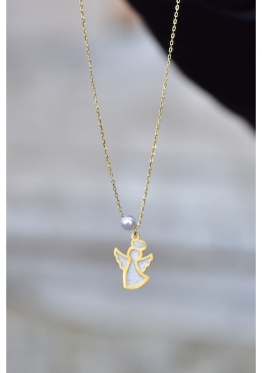 925 Ayar Gümüş Gold Kaplama Parlayan Rüya Serisi Tasarım Incili Beyaz Ebruli Cam Boyalı Melek Kolye