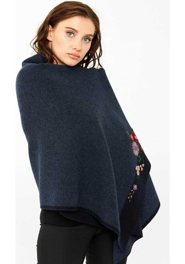 Desen Triko Kadın Çiçek İşlemeli Triko Şal 23154 Koyu Lacivert