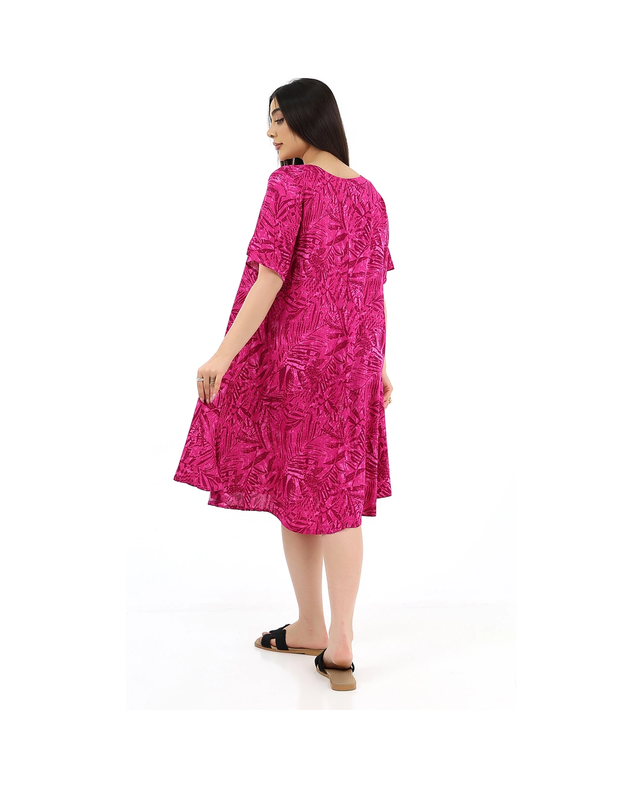 Schık Kadın Viskon Yarım Kol Kare Yaka Elbise Magenta Fuşya