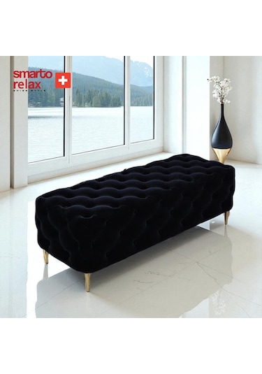 Smarto Relax Puf Ascona Ayaklı Kapitoneli Dekoratif Düz 100x100x45 Cm Siyah Siyah