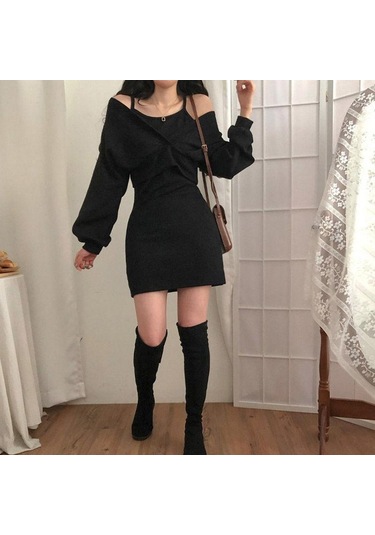 Fransız Mizaç Kayma Elbise + Bluz T-shirt Uzun Kollu Takım Elbise Kadın Ince Düz Renk Elbise Siyah