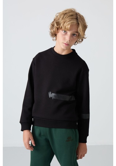 Tommy Life Siyah Pamuklu Kalın İçi Tüylü Yumuşak Dokulu Standart Fit Baskılı Erkek Çocuk Sweatshirt - 11238 Siyah