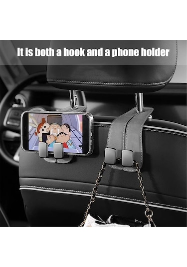 Wezone Araç Sandalye Arkası Çift Metal Kanca - Telefon Tutucu İçin - Deri Kaplama - Organize Edici - 2 Adet Siyah Siyah