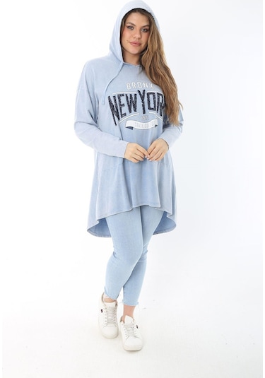 Kadın Büyük Beden Mavi Payet Detaylı Arkası Uzun Kapşonlu Sweatshirt 65n37463 - Mavi