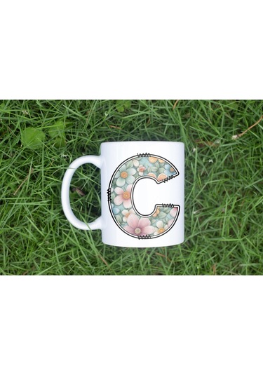 C Harfli Pastel Çiçek Desenli Kahve Kupası - Kişiye Özel Çiçekler Koleksiyonu Bardak - Hediye Beyaz