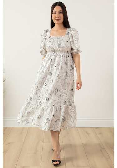 Kalopya Çiçek Baskı Gipeli Elbise 508-2698- Beyaz - Siyah