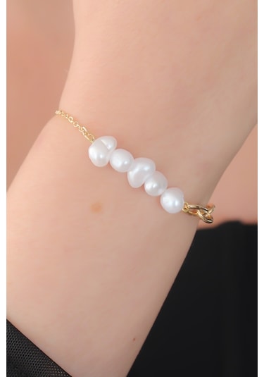 İnci Boncuk Model Kadın Bileklik Gold Renk Çok Renkli