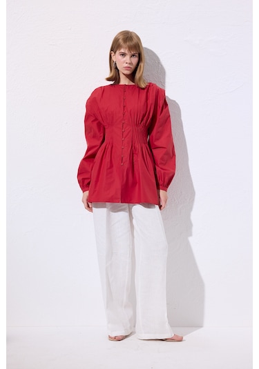 Beli Pile Detaylı Uzun Kol Bluz Kırmızı Kırmızı