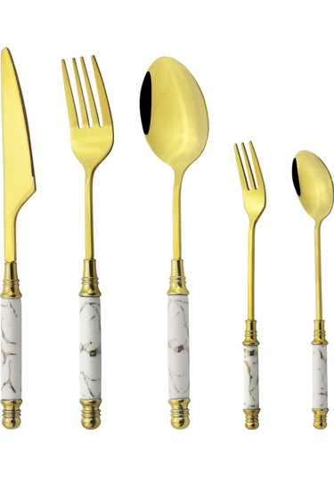 Beyaz - Altın 5 Adet Siyah Altın Çatal Bıçak Kaşık Seti Vintage Seramik Sofra Paslanmaz Çelik Yemek Takımı Bıçak Kek Çatalı Çay Kaşığı Ev Gümüş Seti Beyaz - Altın