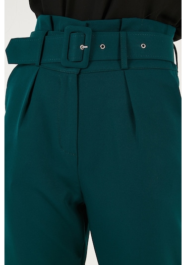 Lela Yüksek Bel Cepli Kemerli Regular Fit Kumaş Bayan Pantolon 611Pl04 Zümrüt
