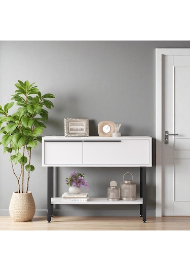 Robin Home Dresuar Antre Hol Kapaklı 100cm Metal Ayaklı Beyaz Beyaz