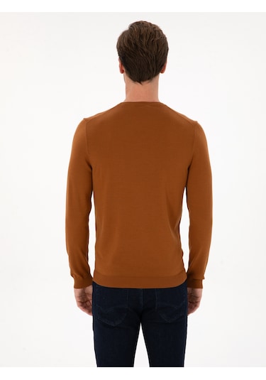 Cacharel Karamel Slim Fit Yün Karışımlı Bisiklet Yaka Basic Triko Kazak Kahverengi
