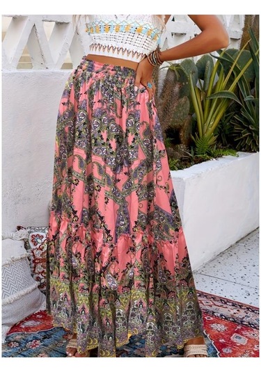 Pembe Paisley Desenli Büzgülü Etekler, Boho Pileli Yazlık Maxi Etekler, Kadın Giyim Pembe