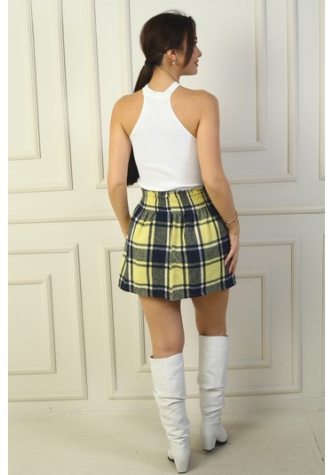 By Saygı Kadın Beli Lastikli Ekose Kareli Mini Kaşe Etek Sarı